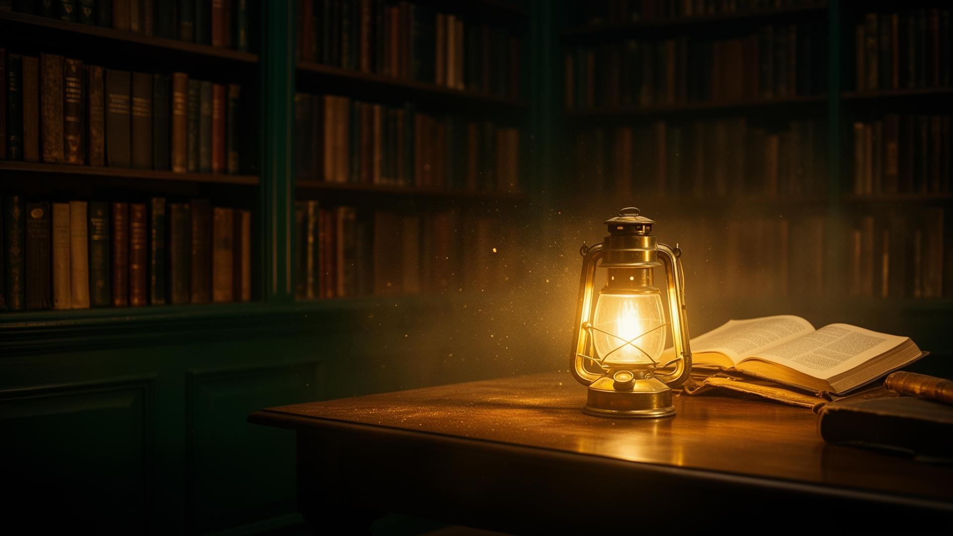 An antique library bathed in warm lantern light